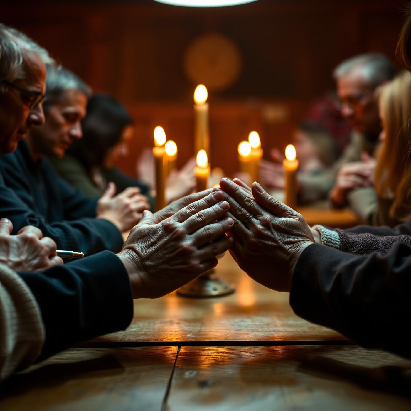 Hands joined in prayer around candlelight